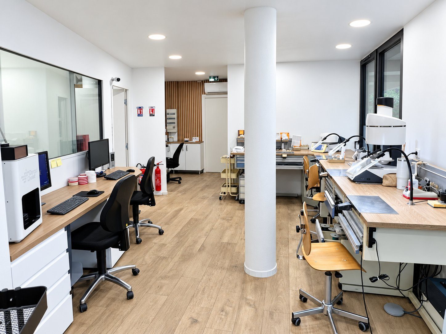 Salle de travail du laboratoire, postes de conception et établis