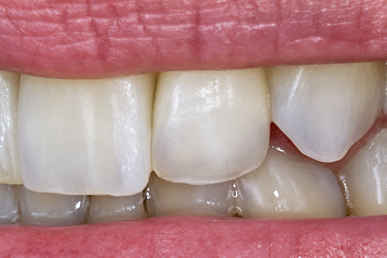 Gros plan de dents antérieures supérieures, incisives et canines